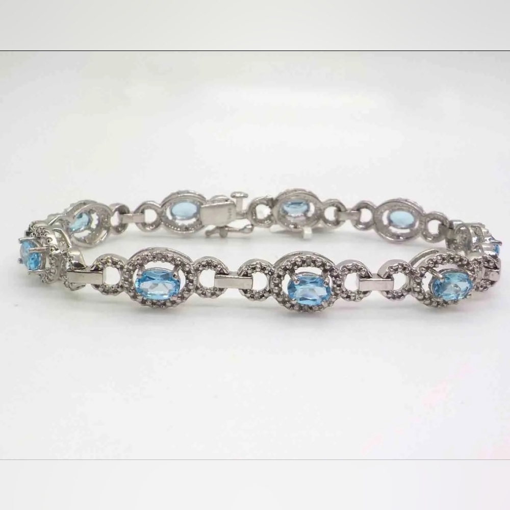 ***SOLD*** BLUE TOPAZ AND DIAMOND STERLING SILVER LADIES BRACELET - Picture 1 of 6